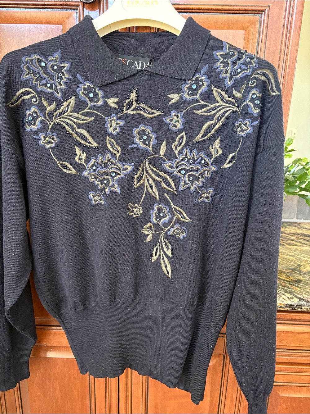 Escada gorgeous wool Dark Navy Blue Sweater with Blue and Gold Floral Embroidery